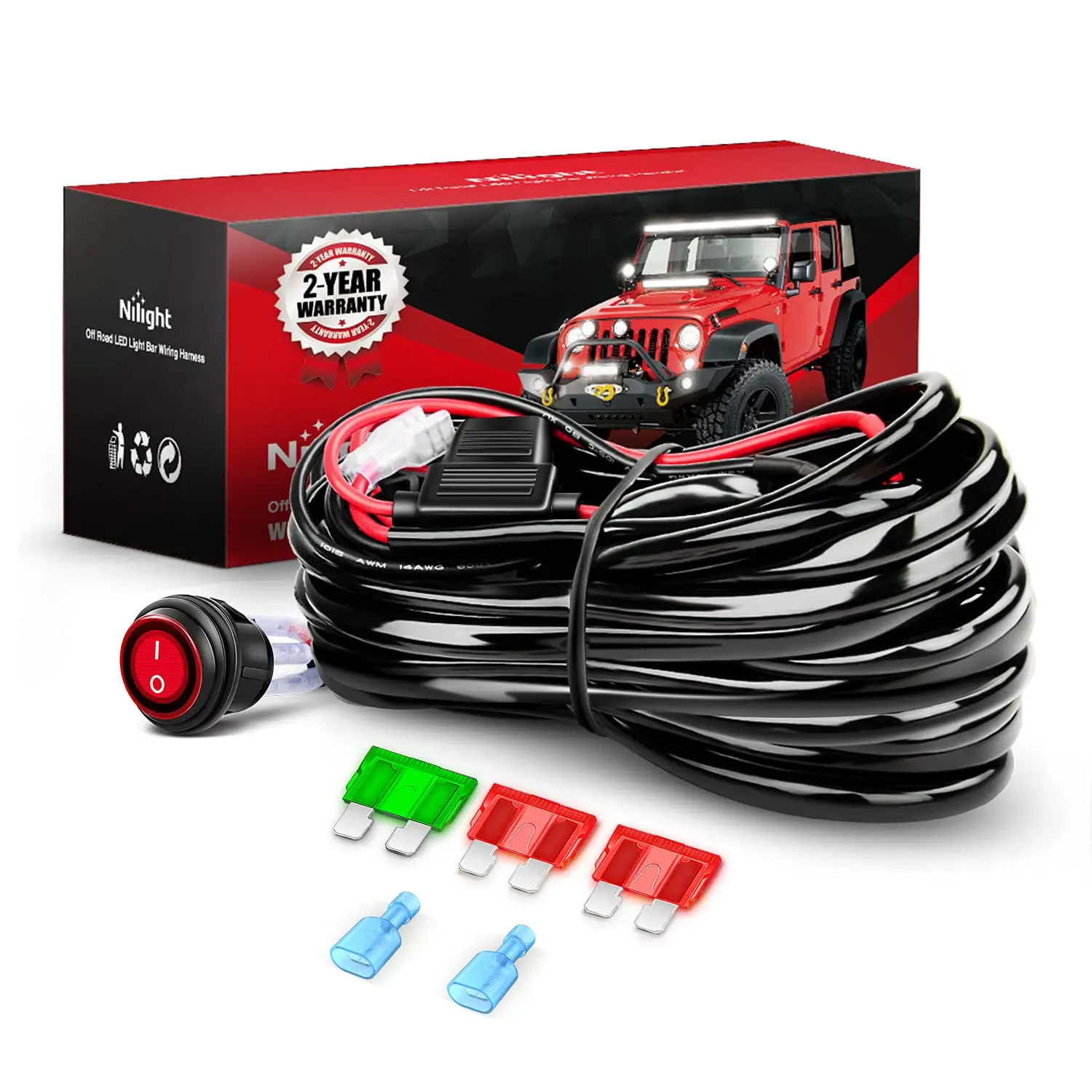 Nilight Copper LED Light Bar Wiring Harness Kit - 1-Lead 12AWG Heavy Duty, 12V On-Off Switch, Power Relay, Blade Fuse for Off Road Car & Work Lights, Car Light