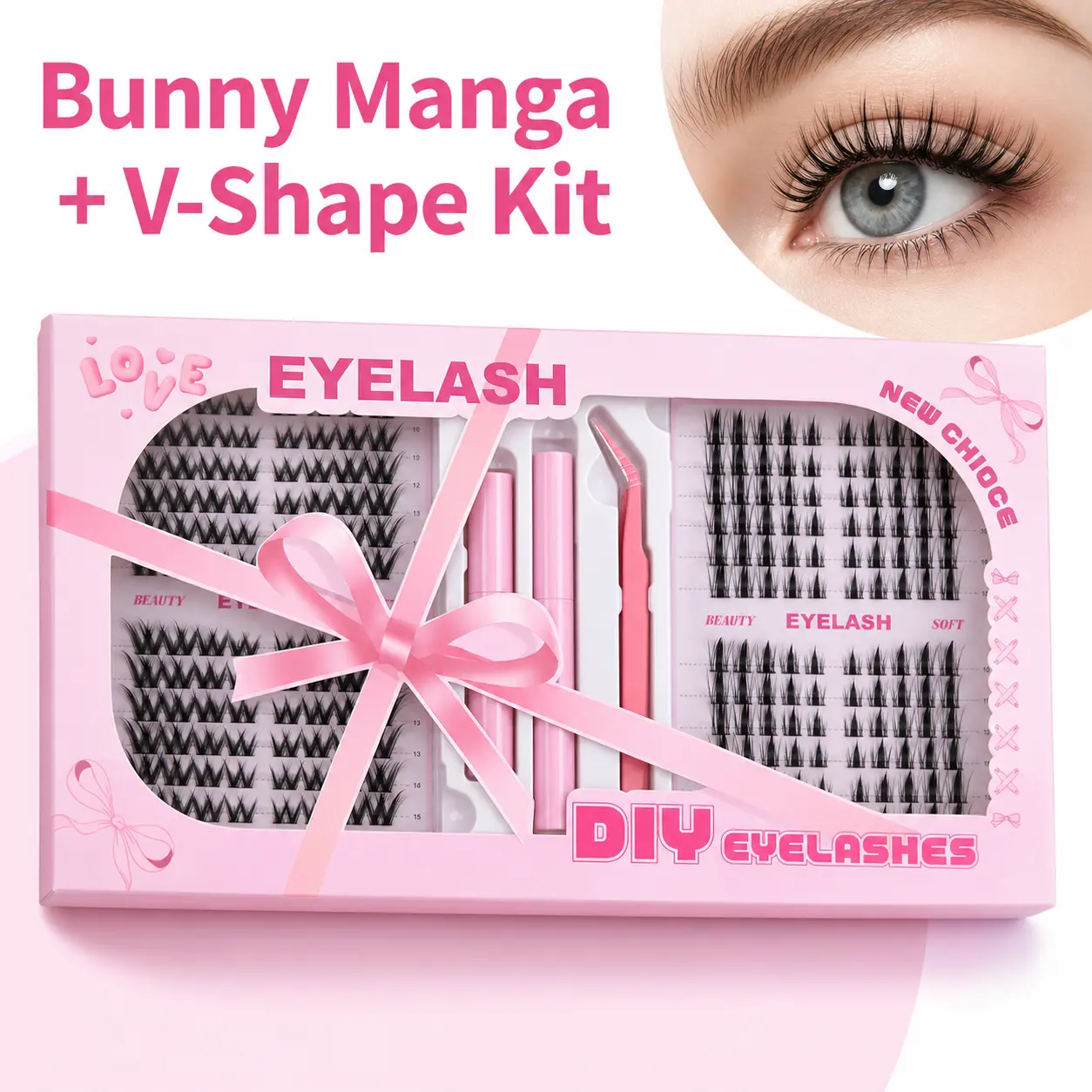 Pink DIY Lash Cluster Kit, Bunny Manga & V-Shape Wispy Lashes with Bond Seal and Applicator, Fluffy Doll Eye False Eyelashes for Natural Volume