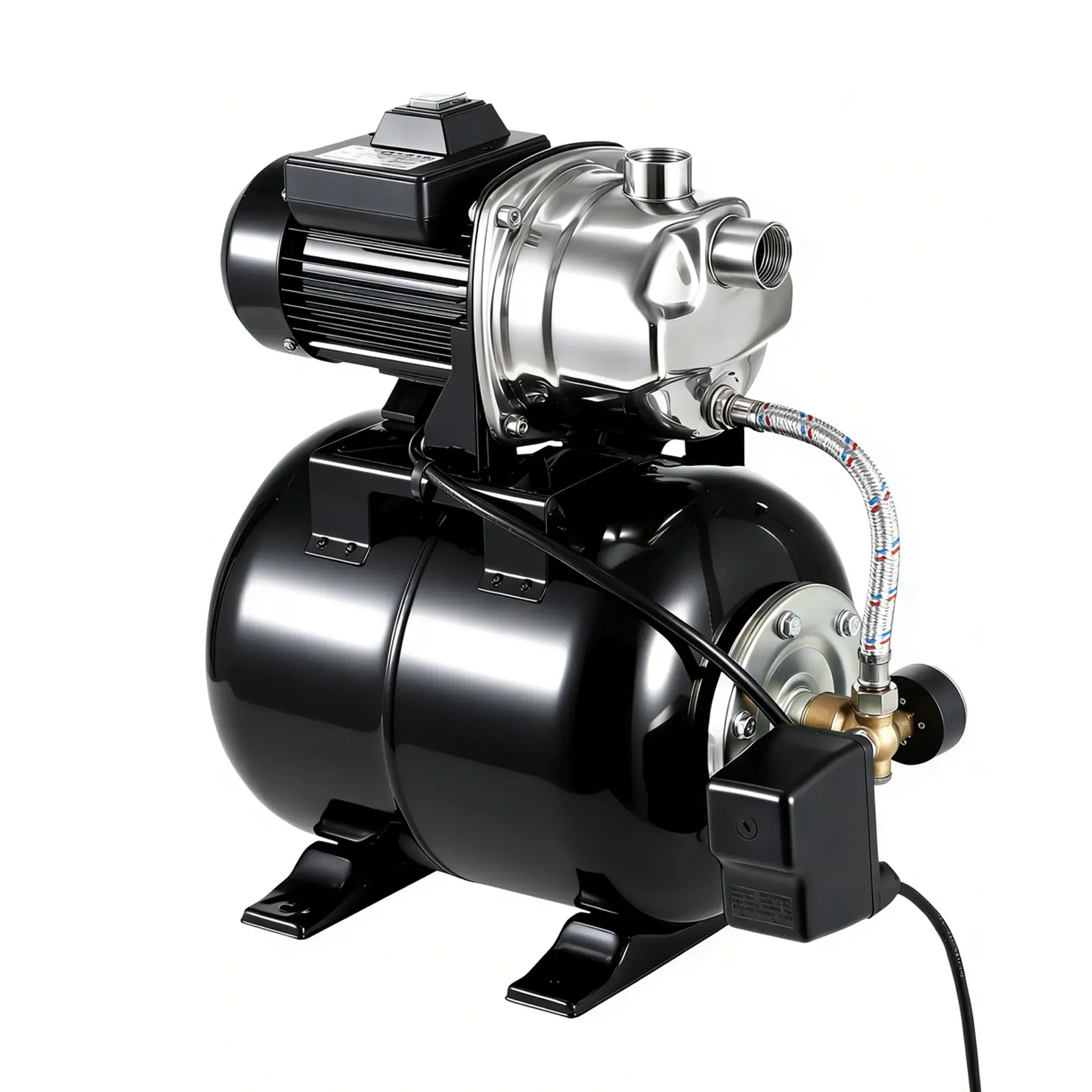 High-Current Shallow Well Jet Pump with Built-in Pressure Tank – 1.6 HP Stainless Steel Body, 1320 GPH High Flow, Automatic Pressure Switch, Reliable Water Supply System for Home, Farm, Garden and Yard Use, Black