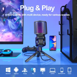 Zealsound desktop microphone features RGB lighting, a pop filter, plug-and-play USB cable, volume control, a mute button, a Type-C adapter for mobile phones, and a compact, portable design suitable for travel and live streaming.