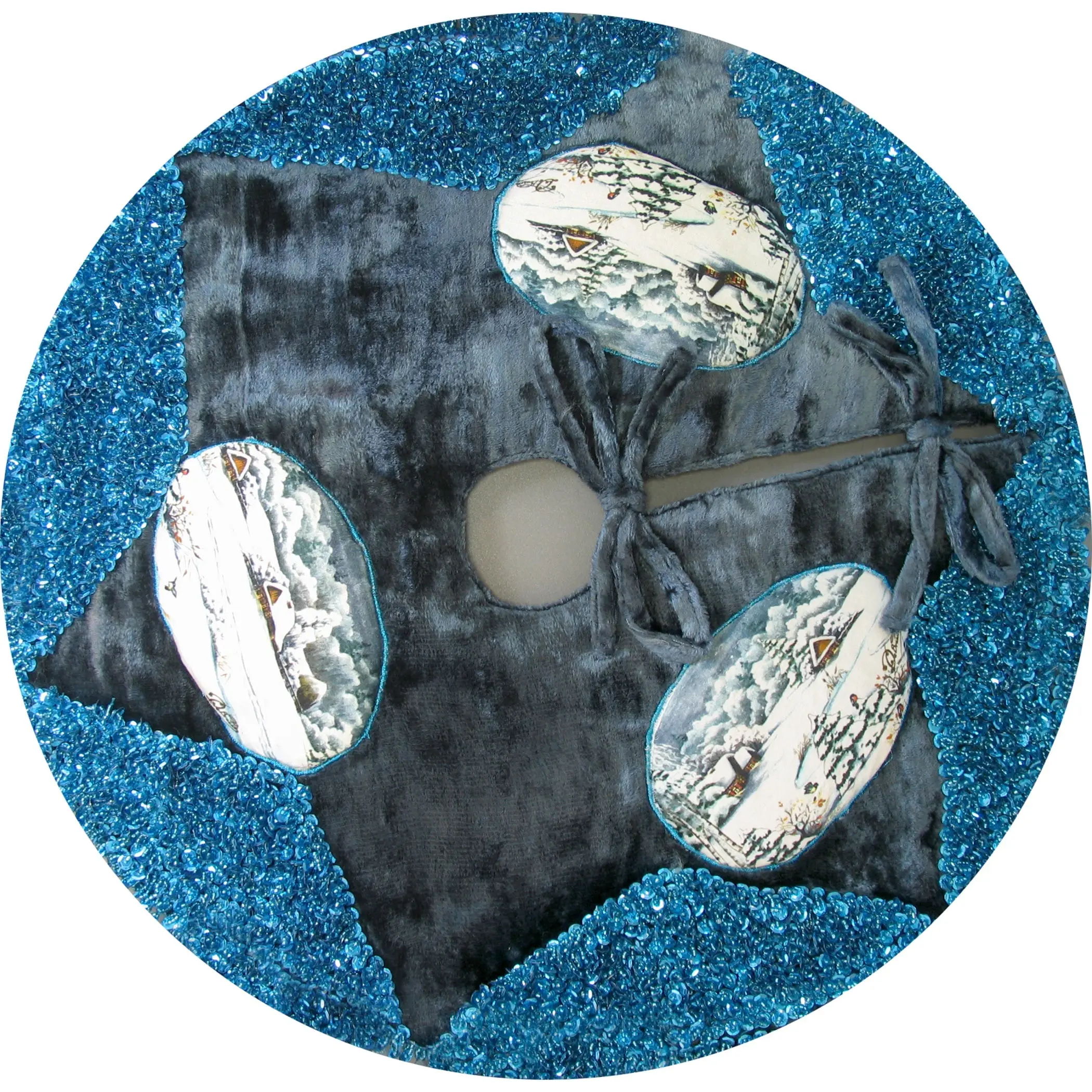 Winter Forest Tree Skirt Small 18-Inches Diameter  - Handmade Tapestry from Velvet and Silk Hand-Embroidered with Gold 15x15 Inches by G. Debrekht - Unique Handcrafted Home Decor