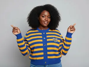 Sigma Gamma Rho Striped Cropped Cardigan with SGRho Embroidery Logo, Casual Minimalist Knitwear | Button-up Sweater for Women