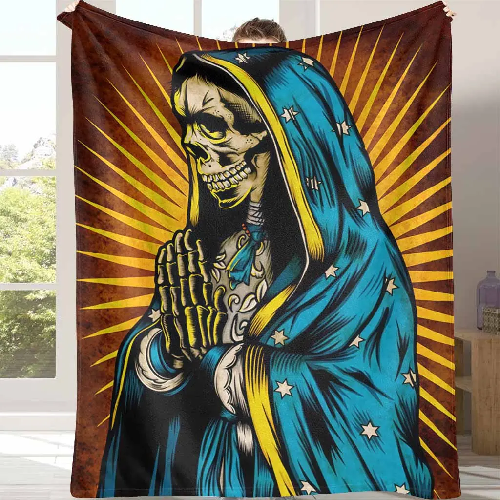 Skeleton Flannel Throw Blanket - Day of the Dead Santa Muerte Print, Breathable Lightweight, Soft, Cozy, Warm, Durable, Anti-Pilling, Wrinkle Resistant, Halloween Gift, Home/Car Blanket for Business Trips