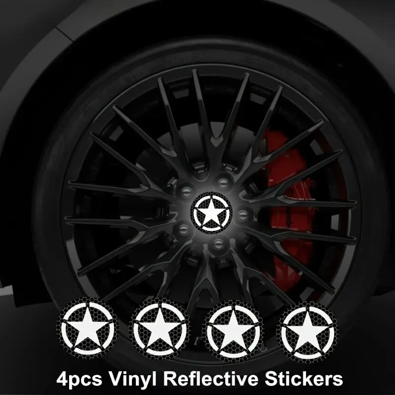 4PCS Reflective Five Star Car Stickers, Waterproof Vinyl Stickers, Universal Car Sticker, Night Safe Driving Modification Stickers, for Car Truck SUV Wheels, Automotive Decals
