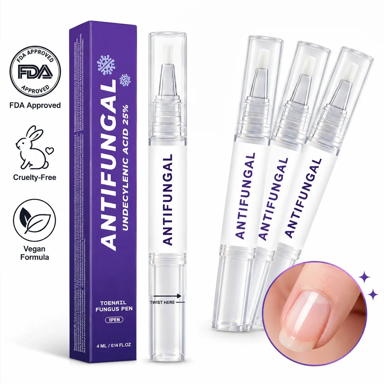 4-Count 25% Undecylenic Acid Toenail Fungus Pen, Antifungal Nail Repair Liquid, Portable Brush Applicator for Daily Nail & Foot Care, Improves Nail Appearance Therapy Wellness, Smooth Solution Therapeutic, Fungus Eliminator