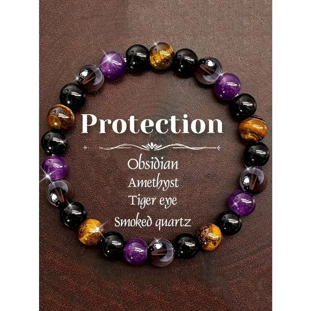 ChicBloom B 1pc Natural Stone Protection Bracelet for Women, Solstice Gemstone Bracelet - Amethyst, Obsidian & Smoked Quartz Beaded Elastic Wristband, Black & Golden-Tone Design, Perfect for Daily Wear & Gift Giving