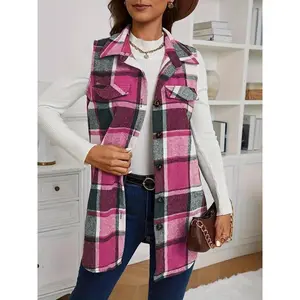Women's Plaid Print Button Front Vest Coat, Casual Pocket Design Collared?Waistcoat?for Spring & Fall, Fashion Women's Clothing for Daily Wear