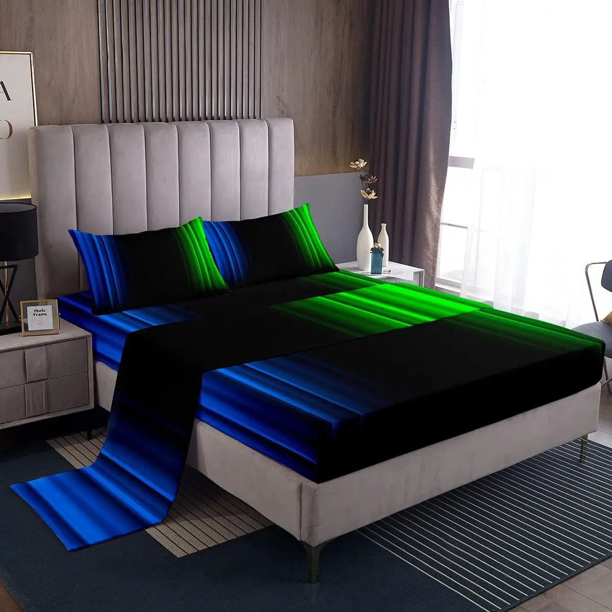 Feelyou Geometric Abstract Ombre Stripe Bed Sheet Set - Breathable Microfiber Sheets, Blue-Green-Black Stripes, Deep Mattress Fit, Durable Bedding Accessory, Modern Home Bedroom Decor, Breathable Sheets, Microfiber Bed Sheets