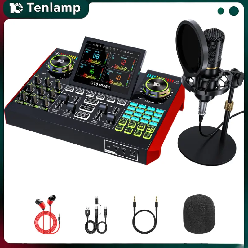 Tenlamp G10 USB Podcast Live Streaming Kit - DSP Noise Reduction, 12 Customizable Sound Effects, Bluetooth - Compatible with PCs, Phones, Speakers, Instruments for Gamers, Audio Recording