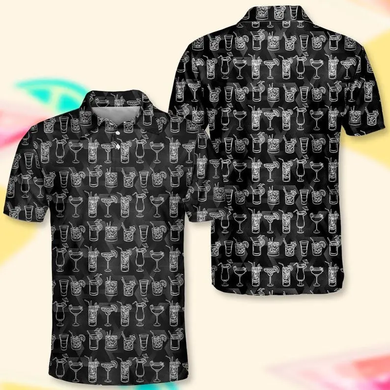 Cocktail Polo Shirt for Men Women, Funny Drink Pattern Shirt Short Sleeve Button Up, Summer Party Bartender Golf Shirt
