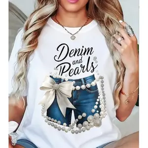 Denim and Pearls Graphic Tee - Stylish Casual Shirt with Fashion Motifs