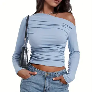 Women's off-the-shoulder top, long-sleeved short casual one-shoulder shirt for going out, one-shoulder Y2K tight shirt