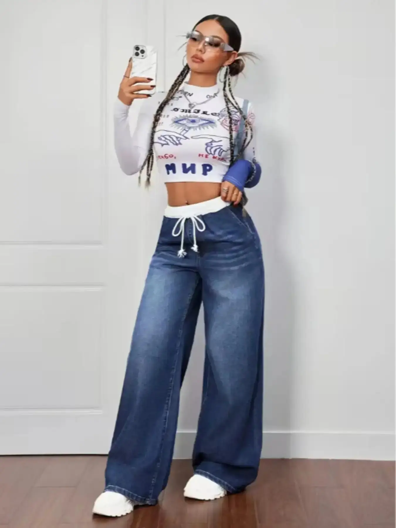 Elegant High-Waisted Drawstring Loose Fit Baggy Oversized Button Denim Jeans Daily Outfits, Everyday Casual Korean Fashion Streetwear Wide Leg for All Seasons, Comfortable Boyfriend Style Womenswear Pants Bottom