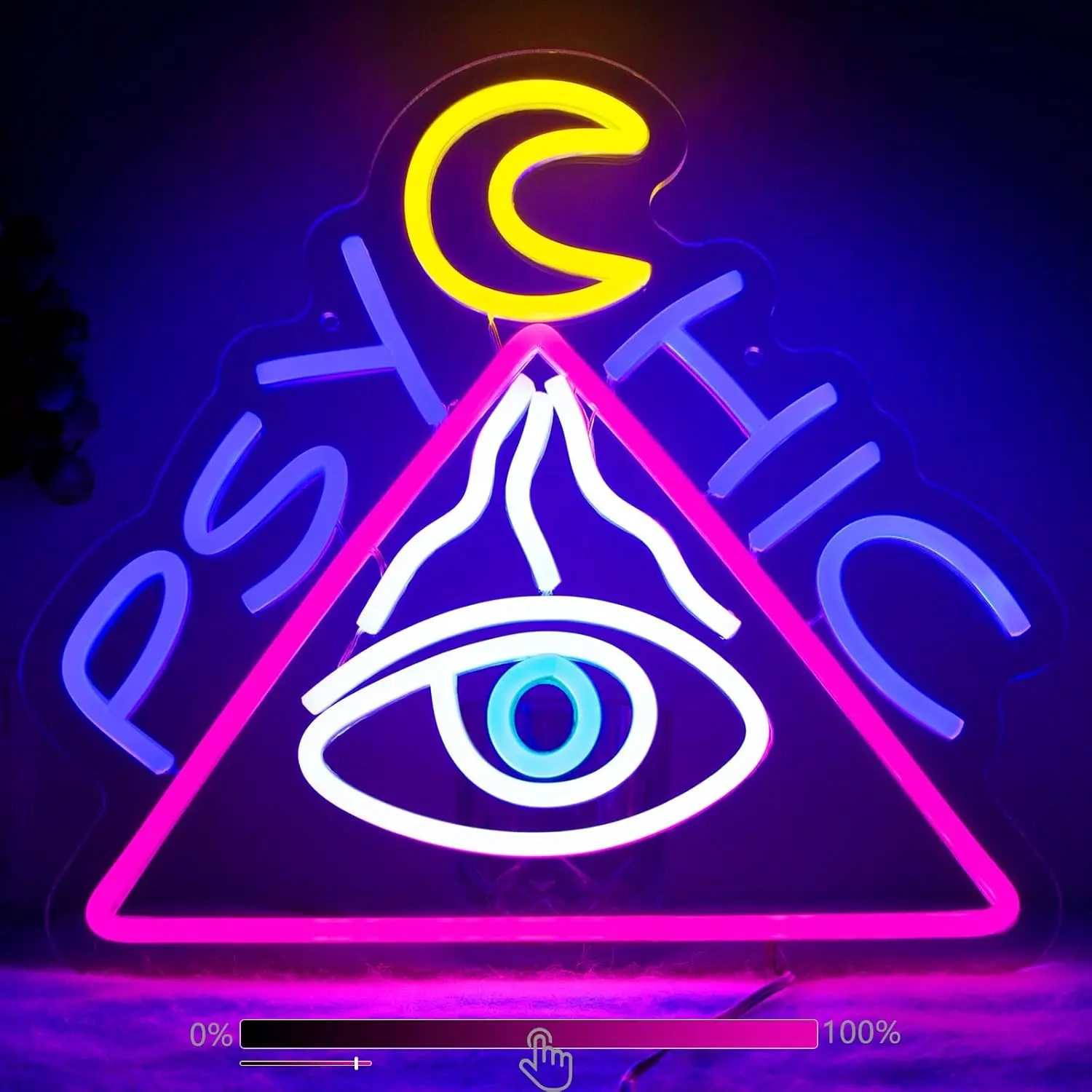 ROSNEK ABS+LED Psychic Evil Eye Acrylic Neon Sign, 13.8×12.6 In Triangular Wall Light, Flicker-Free USB-Dimmable, Brighter Moon & Eye Design, 5 Mounting Accessories, Wall-Mount Decoration for Bedroom, Halloween Parties, Birthdays (for Adults)