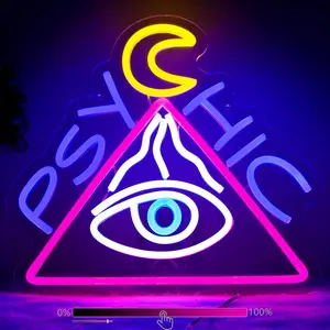 ROSNEK ABS+LED Psychic Evil Eye Neon Sign, 13.8x12.6" Triangular Flicker-Free USB-Dimmable Wall Light with Moon & Eye Design, Spiritual Glow Decor for Bedroom, Halloween Party