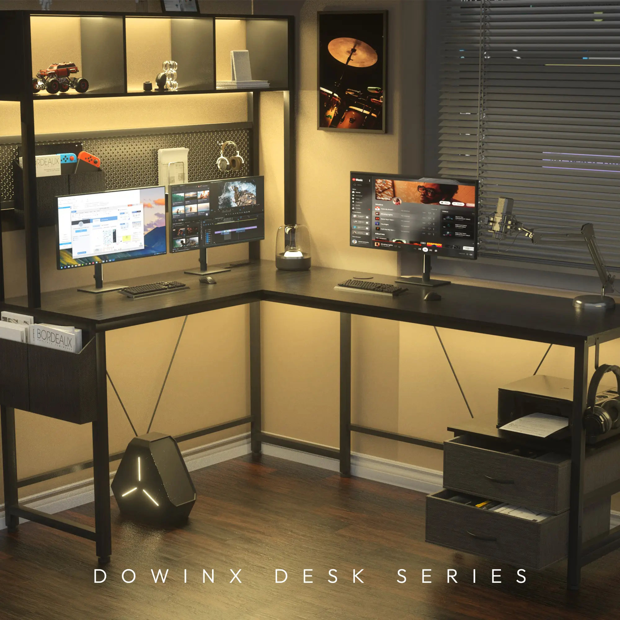 Dowinx L Shaped Desk with Pegboard and Drawers, Reversible 67” Gaming Desk with RGB Light and Power Outlet, Computer Corner Desk with Storage and Hutc
