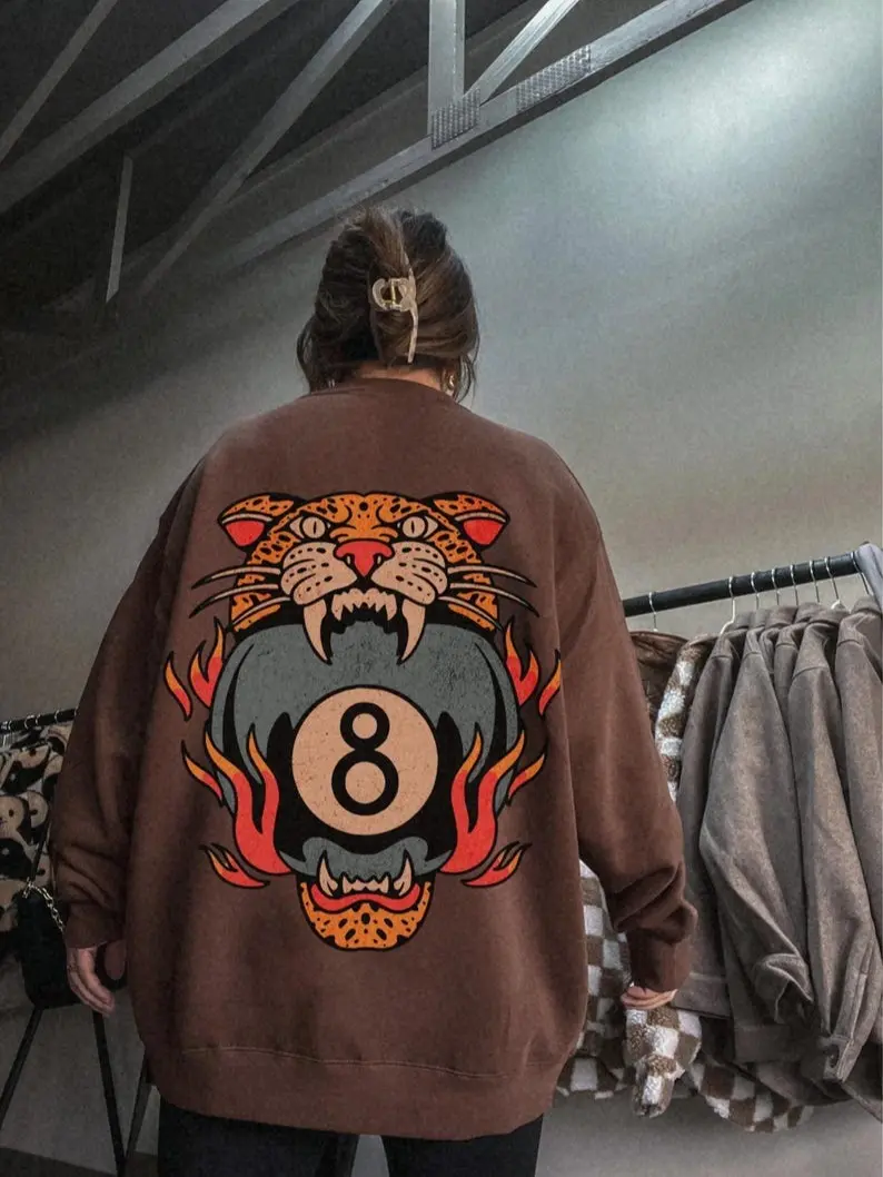 Lucky Leopard Sweatshirt Traditional Tattoo 8 Ball Sweatshirt Grunge Streetwear Lucky Me Yallternative Aesthetic Sweater Vintage Western Crewneck