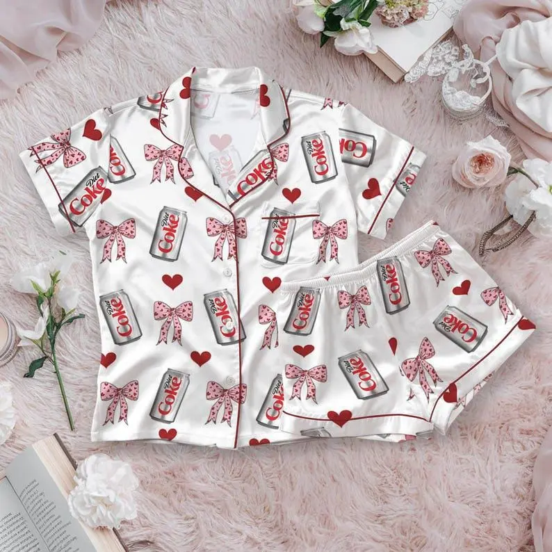 Novelty Pajama Set: Diet Coke & Bow Print, Satin Loungewear