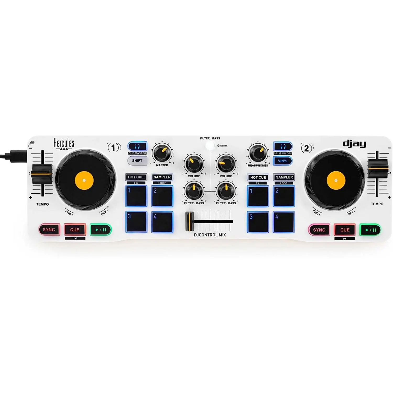 Hercules DJControl Mix Compact Rechargeable DJ Equipment - Bluetooth Wireless Audio Controller for iOS/Android Smartphones, dJay App, 2 Decks, Streaming Capable, White