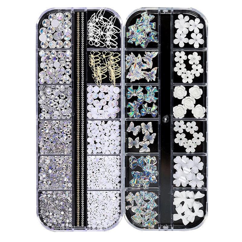 2 Pack 3D Acrylic Butterfly Flowers Nail Accessories Diamond Pearl Chain Half Circle Decal Jewelry Metal Hollow Nail Accessories Fashion Accessories