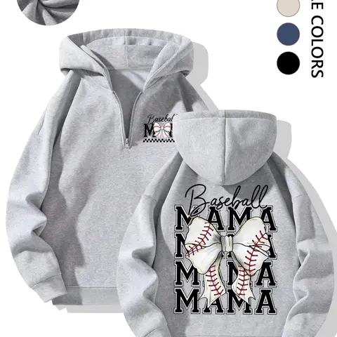 Women's Heather Gray Half-Zip Long Sleeve Hoodie - Womenswear Baseball Mama with Baseball Bow Custom Print, a loose and casual style hoodie with printed Graphic patterns on both the front and back, Graphic Hoodies, Sweatshirts