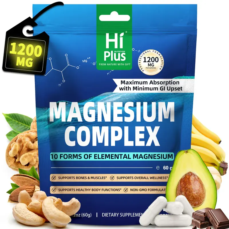 HiPlus Magnesium Complex 10-in-1 1200mg Dietary Supplement - GMP Certified, Vegan, 120 Capsules with Glycinate, Citrate, Malate, Taurate, Tapioca Starch - Fitness, Healthcare Support for Sleep, Muscle Relaxation, Energy (Supplement Stack Included), Vitami