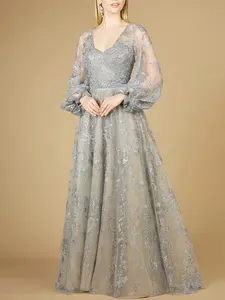 V Neckline Balloon Sleeve Gown