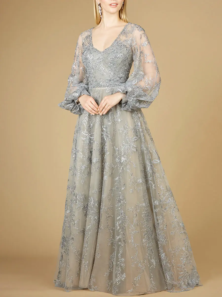 V Neckline Balloon Sleeve Gown