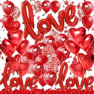 Valentines Day Decorations - 50+ Pcs Luxury Romantic Set with 3 Script LOVE Balloon(1 42-Inch&2 31-Inch), 1000 Rose Petals for Proposal,red balloons， Anniversary, and Bedroom Surprise.