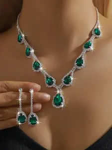 Elegant Green Artificial Gemstone Decorated Jewelry Set, Fashion Necklace Earrings for Party, Daily Clothing Decor, Trendy All-match & Exquisite Jewelry for Birthday Gift, Teardrop Jewelry Set, Fashionable Jewelry Set