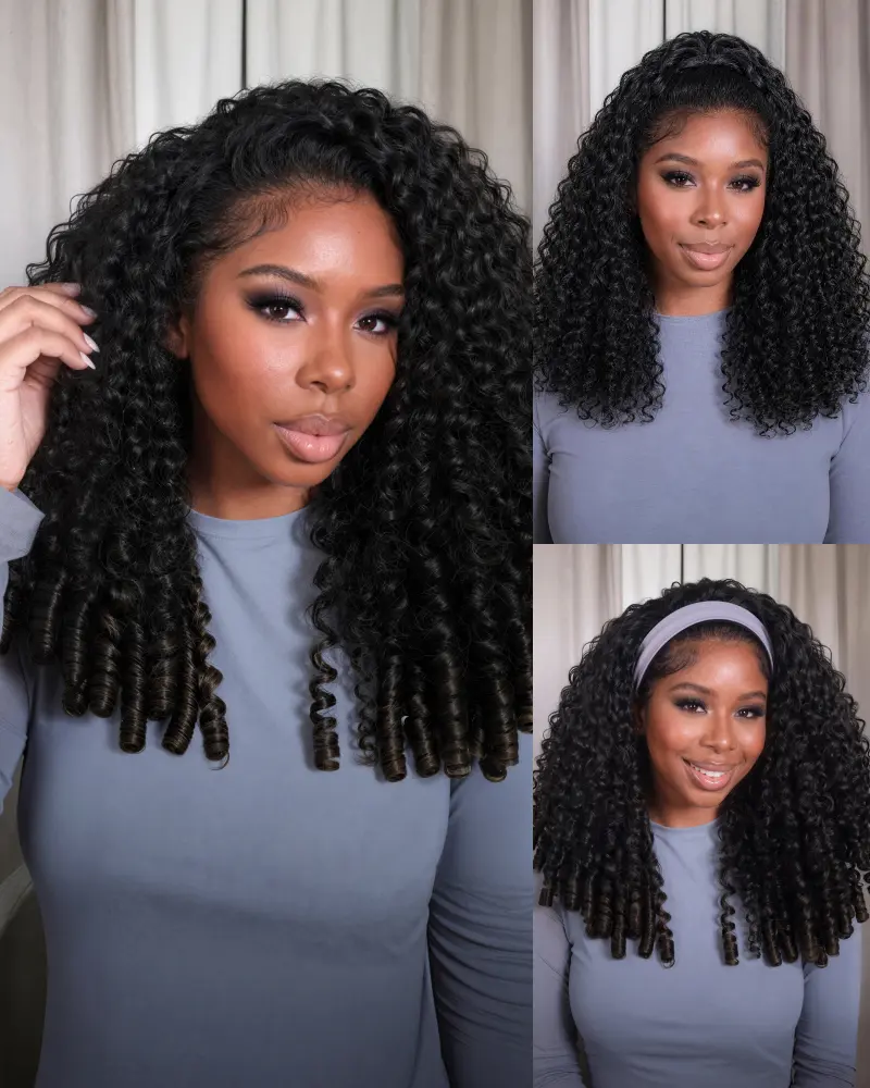 Arabella Track-where? 250% Half Wig Burmese Curly Wig Real Hairline Invisible Drawstring Natural Black 3 in 1 Endless Styles No Glue No Lace Install