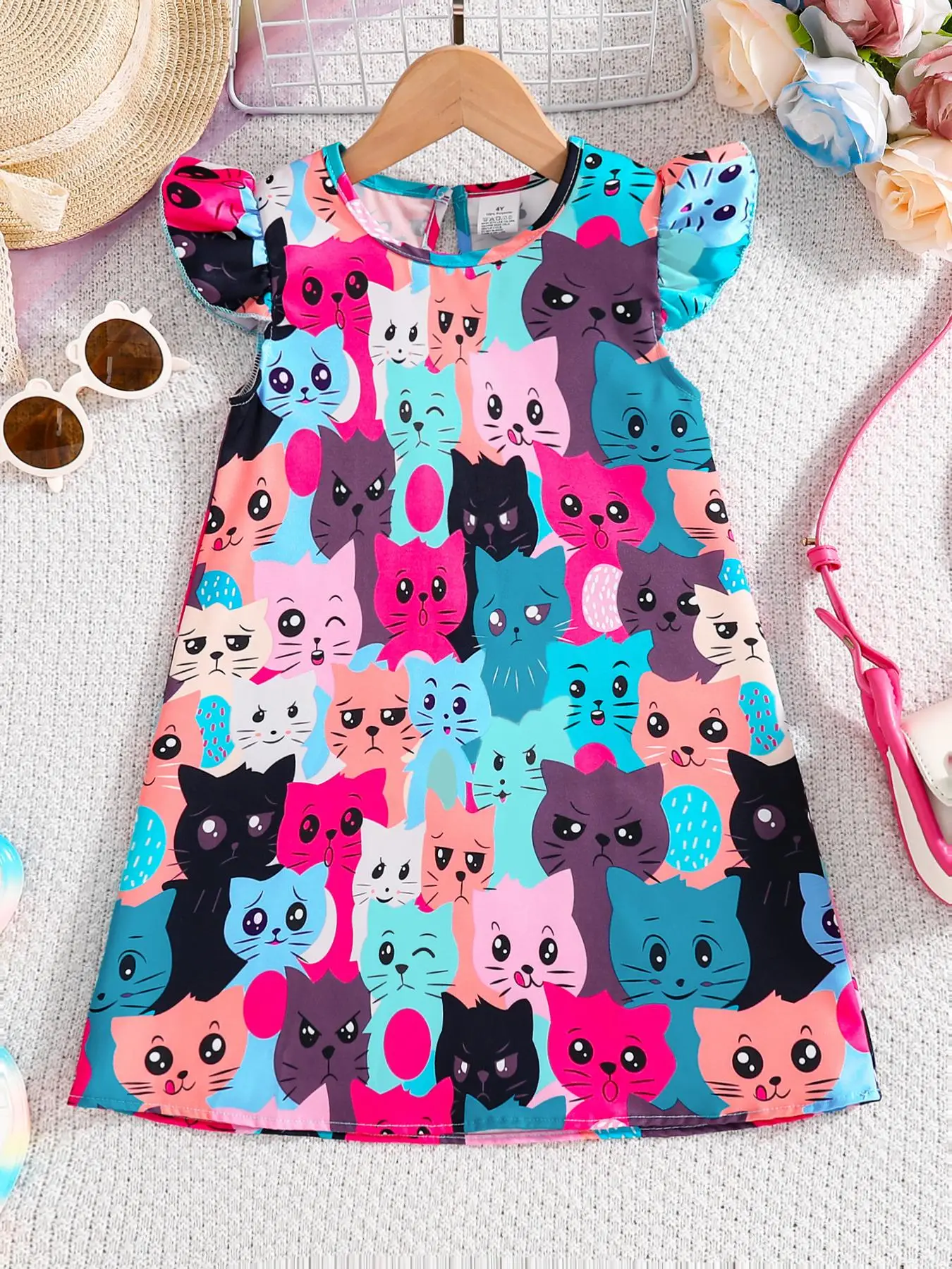 Girl's Colorblock Cat Print Dress, Casual Soft Comfy Round Neck Dress for Summer, Kids Clothes for Daily Wear, Graphic Print Dress