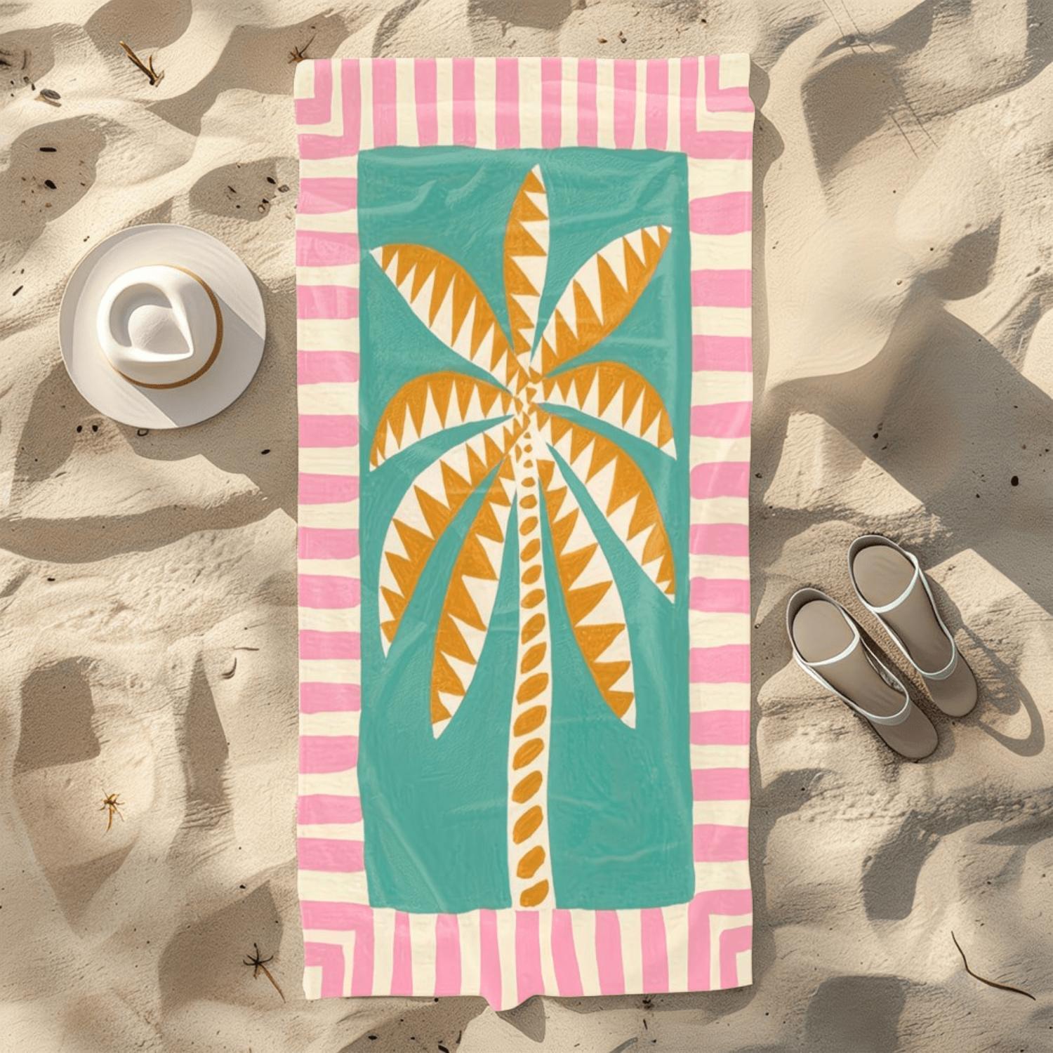 1pc Vibrant Palm Tree Beach Towel - Lightweight Microfiber, Quick-Dry & Absorbent, Machine Washable with Pink & Teal Striped Design for Summer 1pc Vibrant Palm Tree Beach Towel - Lightweight Microfiber, Quick-Dry & Absorbent, Machine Washable with Pink & Teal Striped Design for Summer