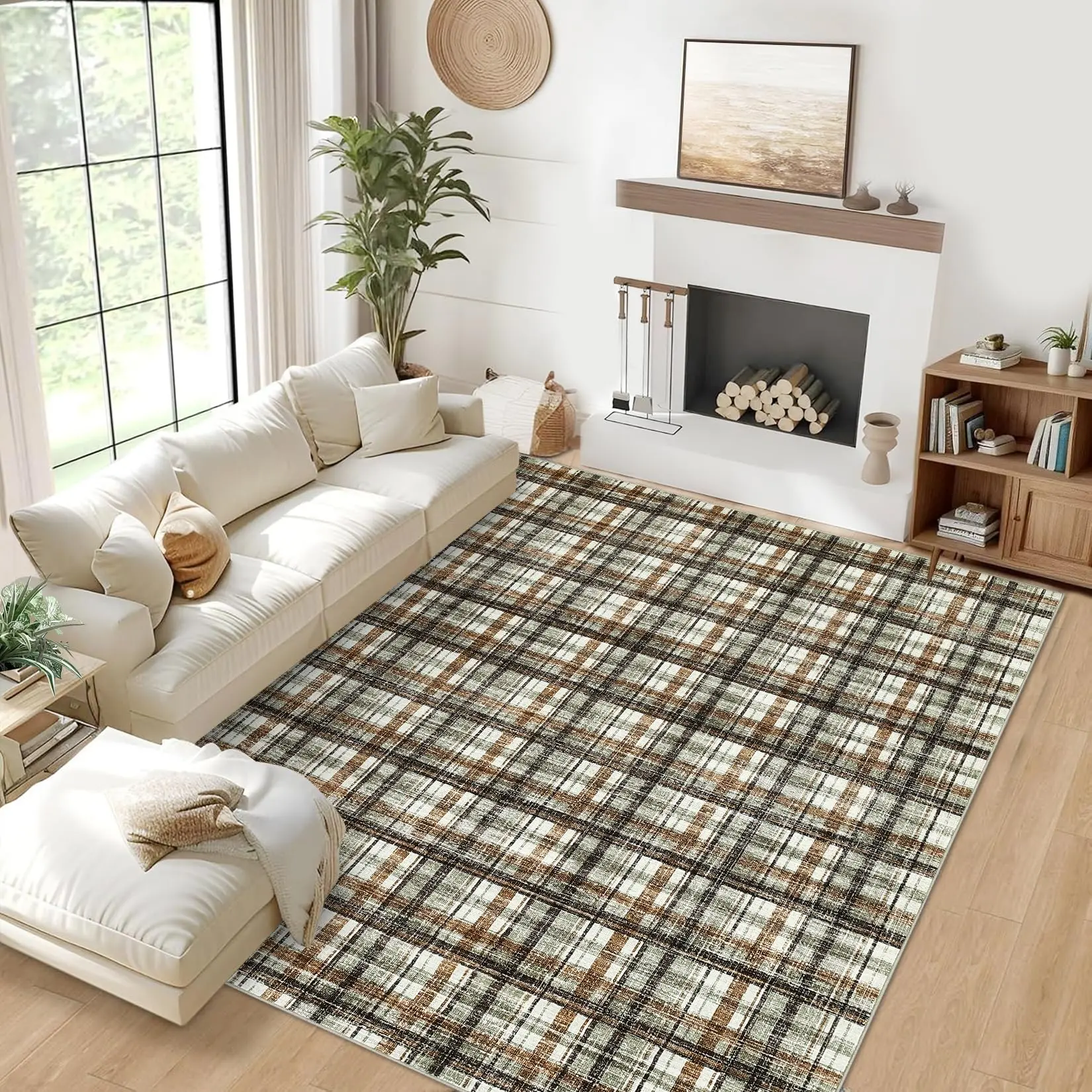 Garvee Washable Rug 9x12 Area Rug for Living Room Modern Rug for Bedroom Decor Ultra Soft Large Area Rug Non Slip Throw Rugs Tartan Carpet for Office Nursery Dining Room, Green and Brown