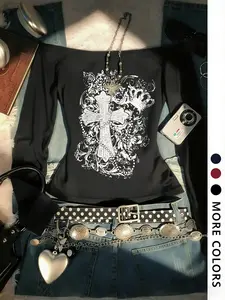 Women's Off-Shoulder Long Sleeve Vintage Cross Slim Fit Casual Graphic T-Shirt Top, Y2K Style, Sister Gift, Holiday Gift, Fall Winter