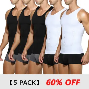 Arjen Kroos 5 Pack Mens Slimming Compression Shirt, Body Shaper Workout Tank Top, Gynecomastia Tummy Control Undershirts - Change in Seconds