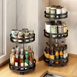 2/3 Tier 360° Rotating Kitchen Storage Rack, Metal Spice Organizer Shelf with Storage Container, Seasoning Oil Vinegar Holder for Home Countertop