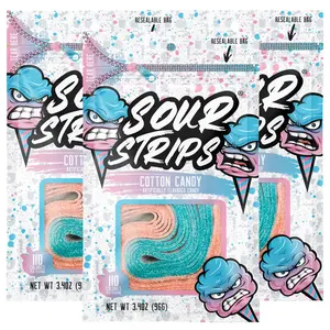 Sour Strips Sour Candy Belts, Cotton Candy, Resealable Candy Bags, 3.4 Ounce (Pack of 3)