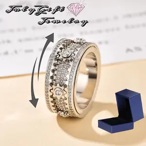 8mm Cubic Zirconia Spinner Rings Unisex Couple Gear Ring Rotatable Mechanical Ring