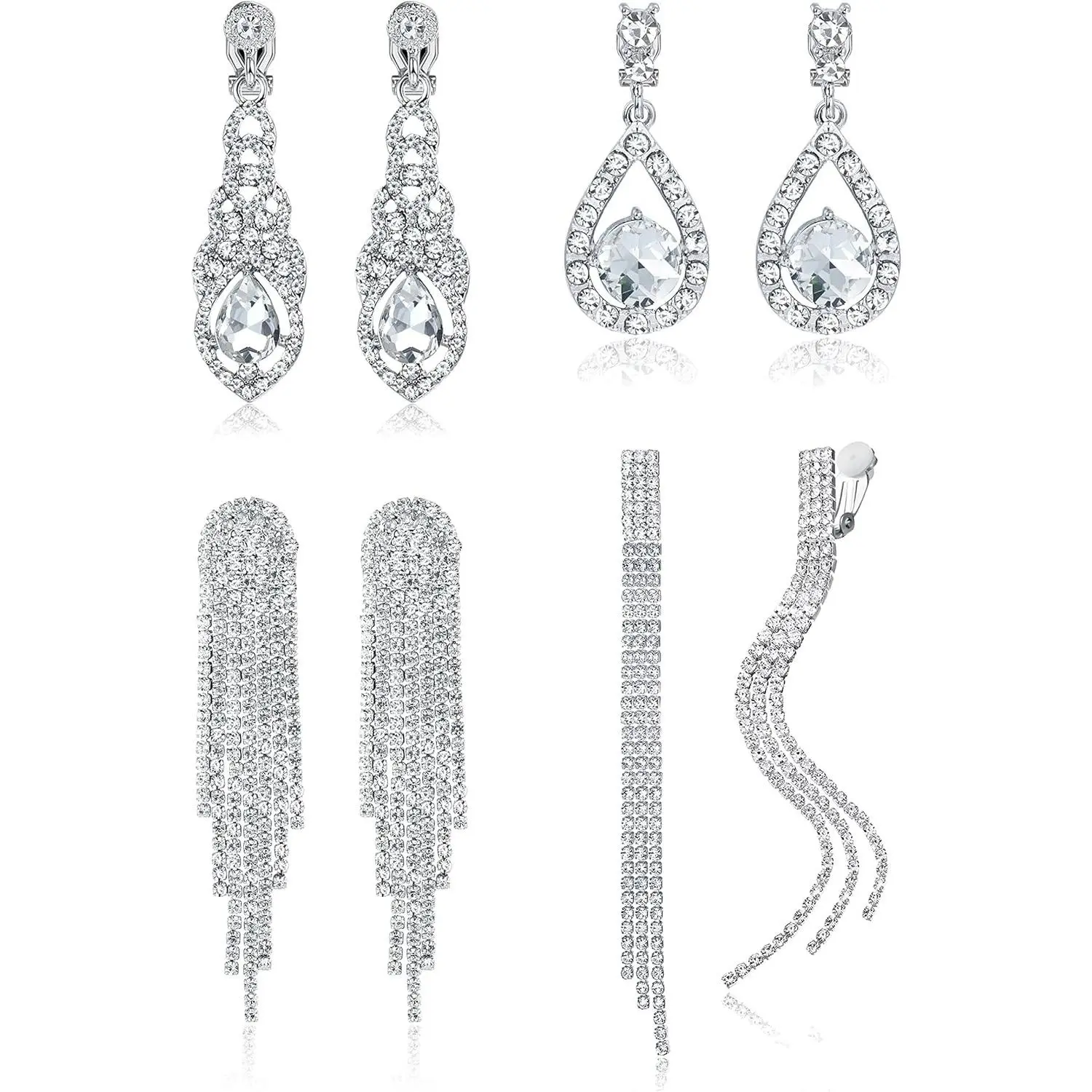 Brilliant 4 Pairs Shining Tassel Ear Clips Cool Non Pierced Rhinestone Earrings for Women Chandelier Teardrop Dangle Earrings for Brides Bridesmaids Jewelry Set Rhinestone Tassel Chandelier Teardrop Dangle Earrings