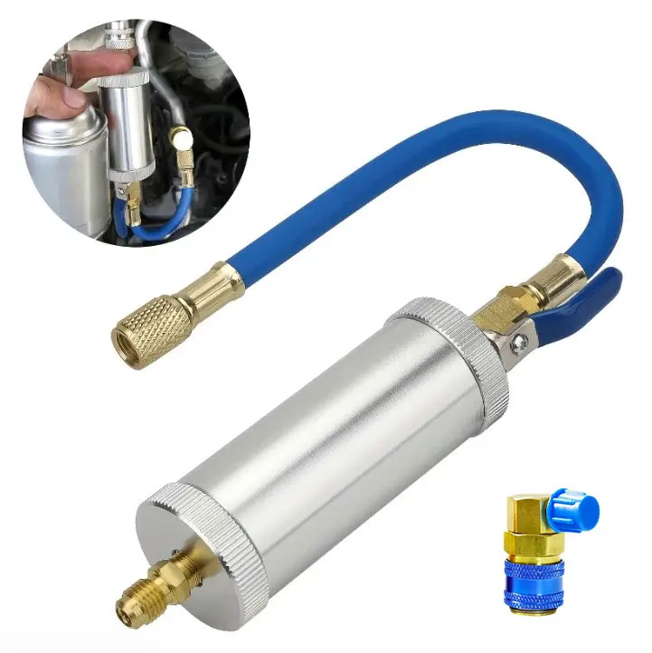 2oz A/C Oil/Dye Injector Kit with Brass Quick Connect Snap Coupler, 1/4" SAE Threads Male-Female Fittings for R134a R12 R22 Refrigerant HVAC Systems (Power Tool Accessory), Oil/Dye Fill