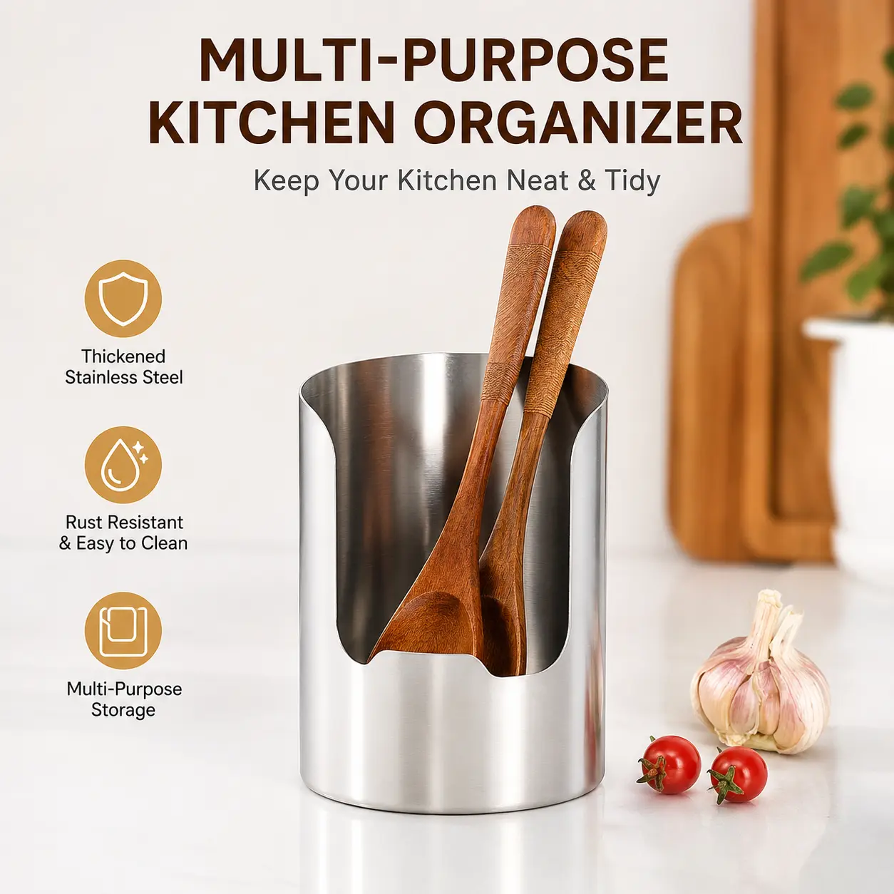 1 Count Stainless Steel Kitchen Storage Holder, Multi-function Rack for Pot Lids Spoons Chopsticks and Cutting Boards for Kitchen Countertop