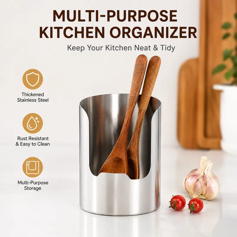 Stainless Steel Multi-Use Kitchen Organiser - Functional Home Countertop Accessory, 1-Count Rack for Cutlery, Tableware, Pot Lids, Spoons, Chopsticks, Cutting Boards (Kitchen Gadgets Category)