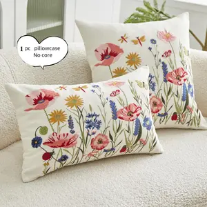 Floral Embroidery Cushion Cover, 1 Count Square Throw Pillow Cover without Filler, Household Decoration Supplies for Home Living Room Bedroom