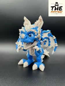 Frostbite 3D Printed Articulating Baby Ice Dragon Toy 5.5 Inches Tall with Jointed Wings, Limbs & Tail, Handcrafted in Bold Cyan & Soft Beige Filament
