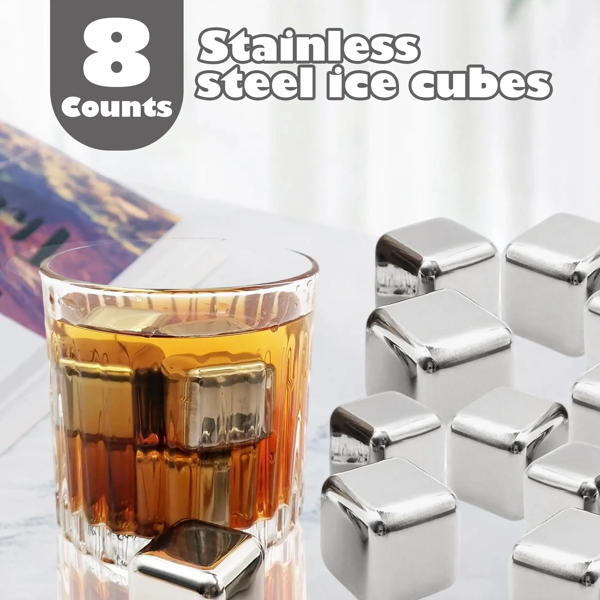 8-Count 304 Stainless Steel Whiskey Stones Gift Set - Food-Grade Chilling Rocks with Tongs, Storage Box, No-Dilution Reusable Home Bar Cup Accessory for Scotch, Bourbon, Ideal for Dad, Uncle