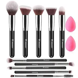 BEAKEY TAP PAW Makeup Brushes, Glam Blend, Eyeshadow Brush Set, Effective Application Make up Brushes - 12Pcs Makeup Brush Set, Foundation Brush with 2Pcs Blender Sponge (Black/Silver)