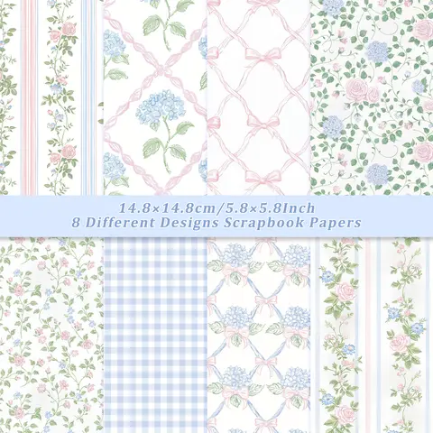 16 Sheets 8 Designs Blue Floral Scrapbook Paper Pack, 5.8 x 5.8 in Romantic Patterned Craft Paper for Junk Journaling, Scrapbooking, Card Making & Collage
