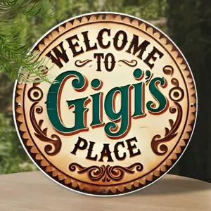 2D Vintage-style Iron Wall Art Sign 'Welcome To Gigi's Place'  Round Metal Decoration, Suitable for Home, Kitchen, Cafe, Bar, and Garden- Unique Gift for Gardening and Coffee Lovers