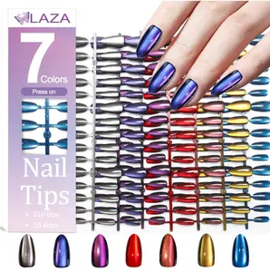 Laza 210pcs Cat Eye Press on Nails Almond for Women 7 Colors Reusable Nail Tips in 15 Sizes Long Lasting Salon Fake Nails Stick on Artificial Acrylic False Nail Tips — Almond Chameleon